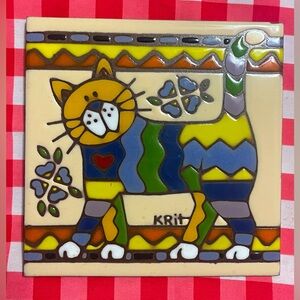 1999 Vintage Earthtones Krit ceramic tile trivet cat “Love Cat” 6X6